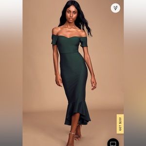 Lulu Dress guest wedding hunter green worn once mermaid dress off the shoulder